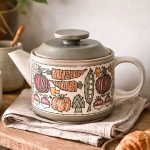 Stoneware Teapot Vintage Mid-Century Vegetable Motif Autumn Harvest Retro 1970s